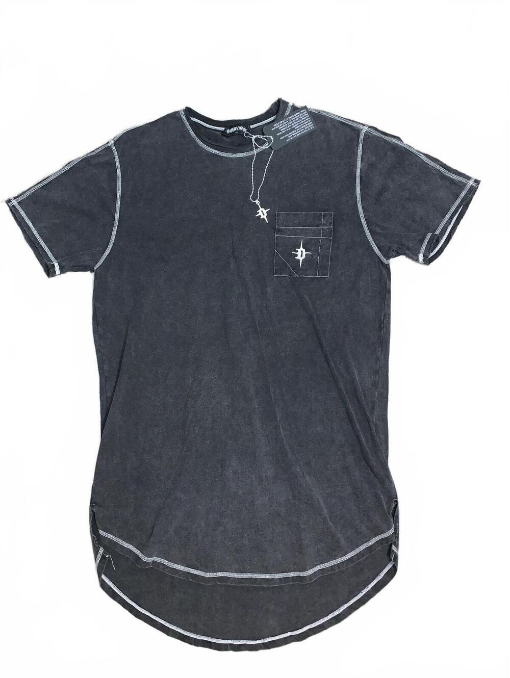 Darker Wavs Washed Black Contrast Stitch Pocket Tee - Long- Curved Drop Hem Med